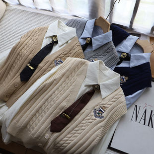 2025夏季新款配领带长袖衬衫女叠穿刺绣针织马甲两件套坎肩上衣女