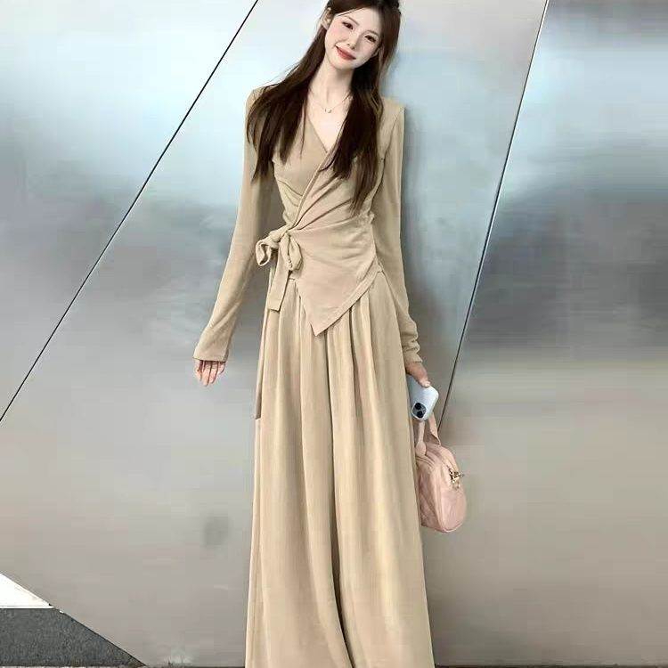 法式纯欲小众设计感不规则绑带领长袖上衣女休闲阔腿裤两件套秋