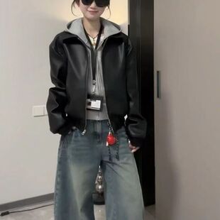 美式多巴胺黑色复古机车皮衣外套春秋新款小个子潮流百搭皮夹克潮