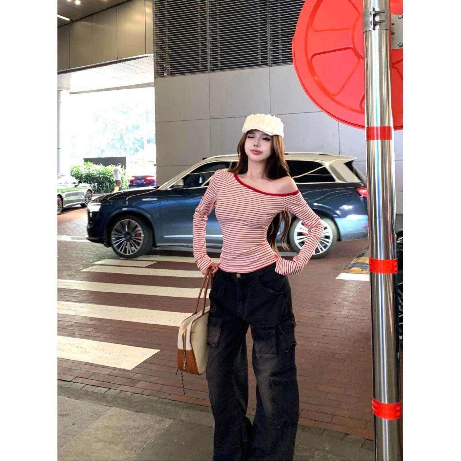粉色条纹斜肩长袖恤女秋季纯欲风收腰修身紧身打底衫小个子上衣