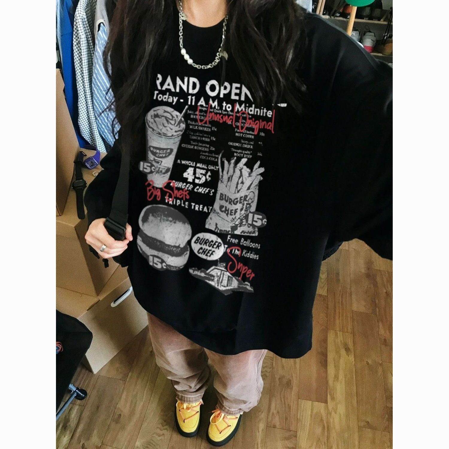 美式高街卫衣女秋冬设计感潮牌印花学生宽松慵懒风无帽外套