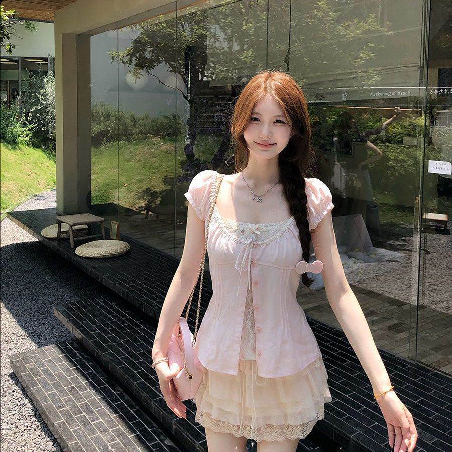 韩系奶油风泡泡袖小衫女收腰假两件上衣显瘦短裙套装女