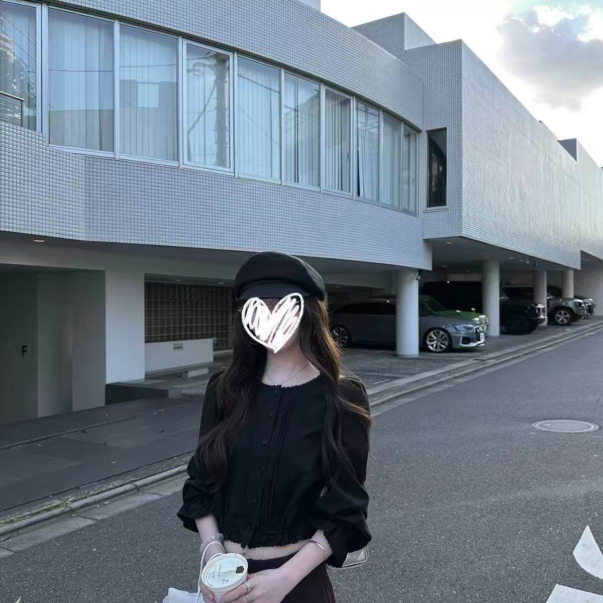 飙特佛黑色短款上衣女显瘦设计感小众花边拼接长袖衬衫简约通勤