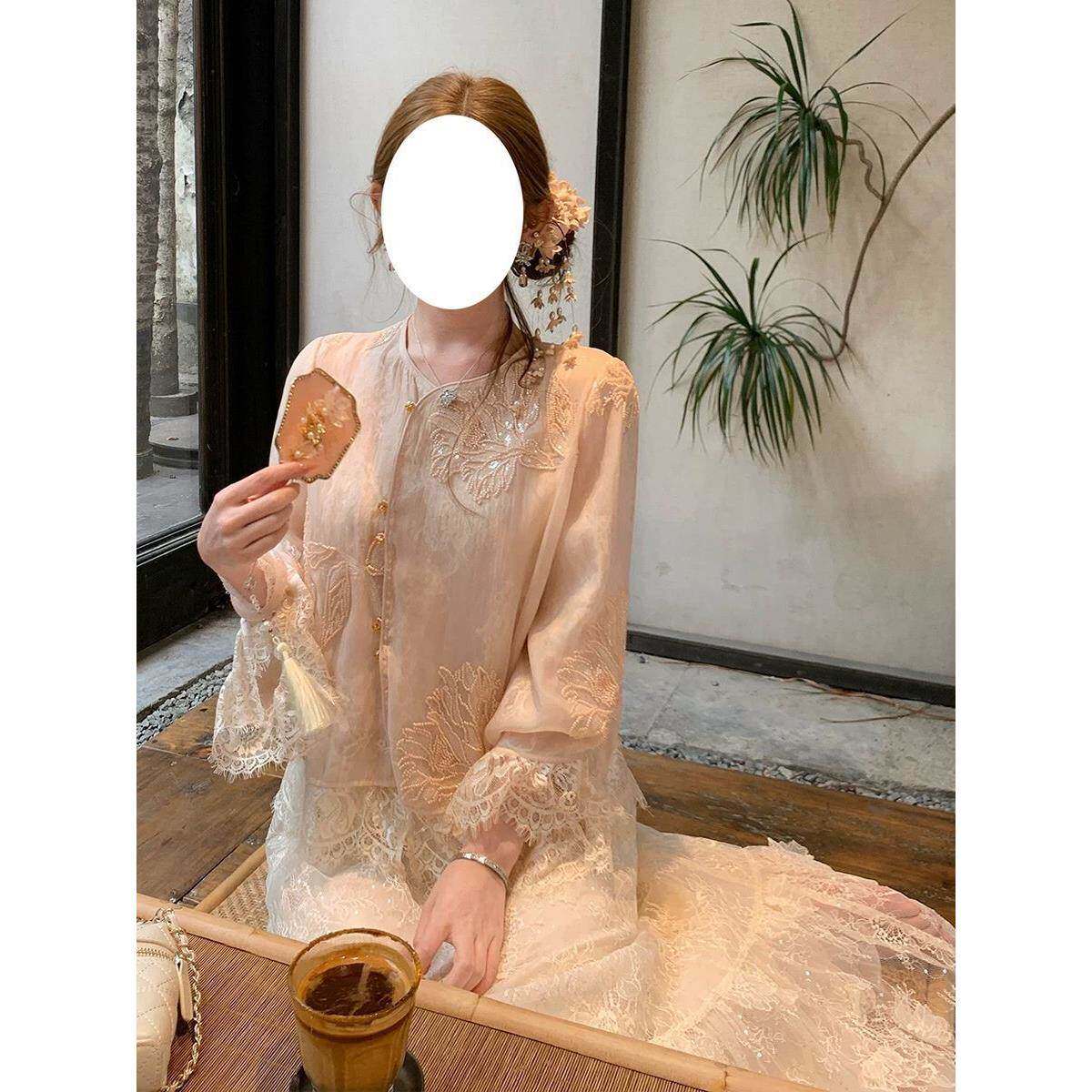 千金大小姐新中式薄纱重工亮片绣花蕾丝唐装外套半身裙套装女夏