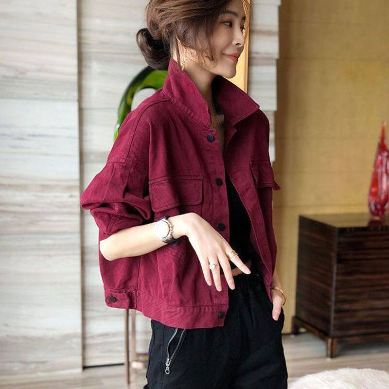 酒红色短款牛仔外套女2025夏季季宽松百搭高级感长袖工装夹克上衣