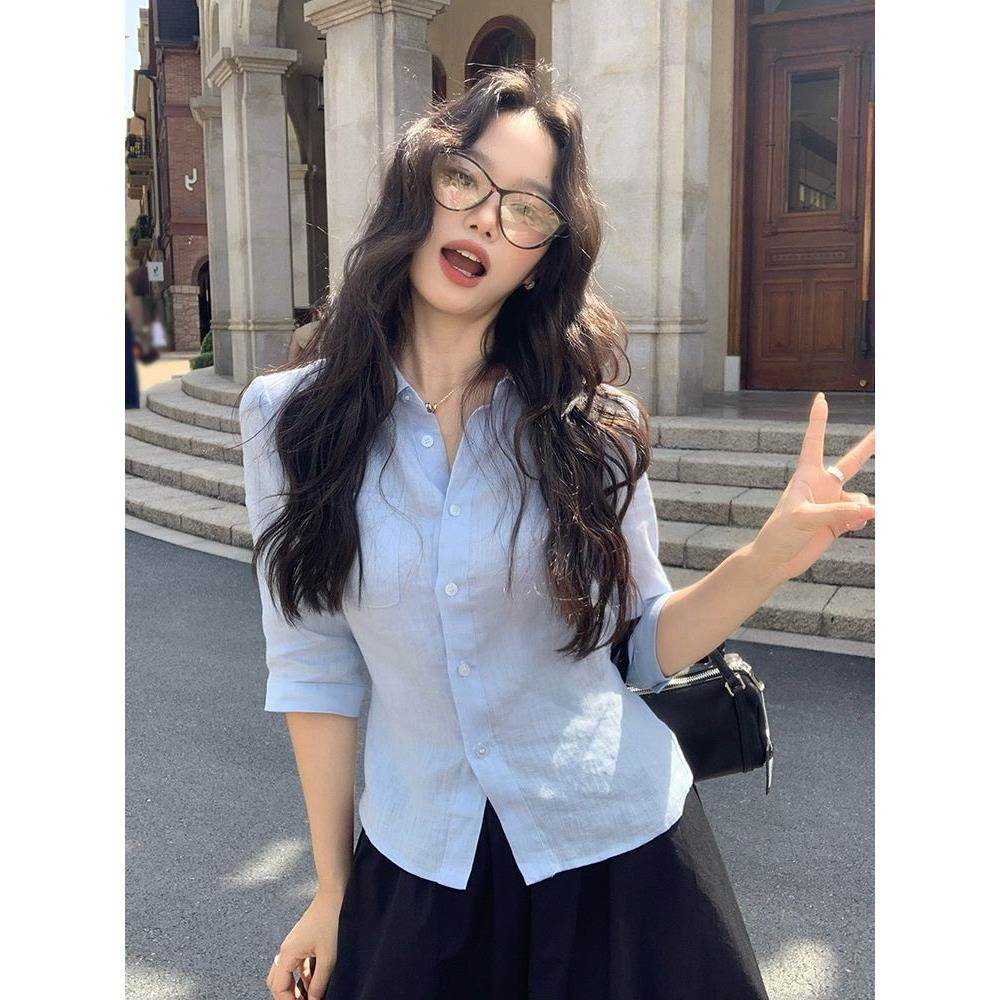 蓝色亚麻掐腰中袖衬衫正肩短款女夏季小个子棉麻衬衣法式小资上衣