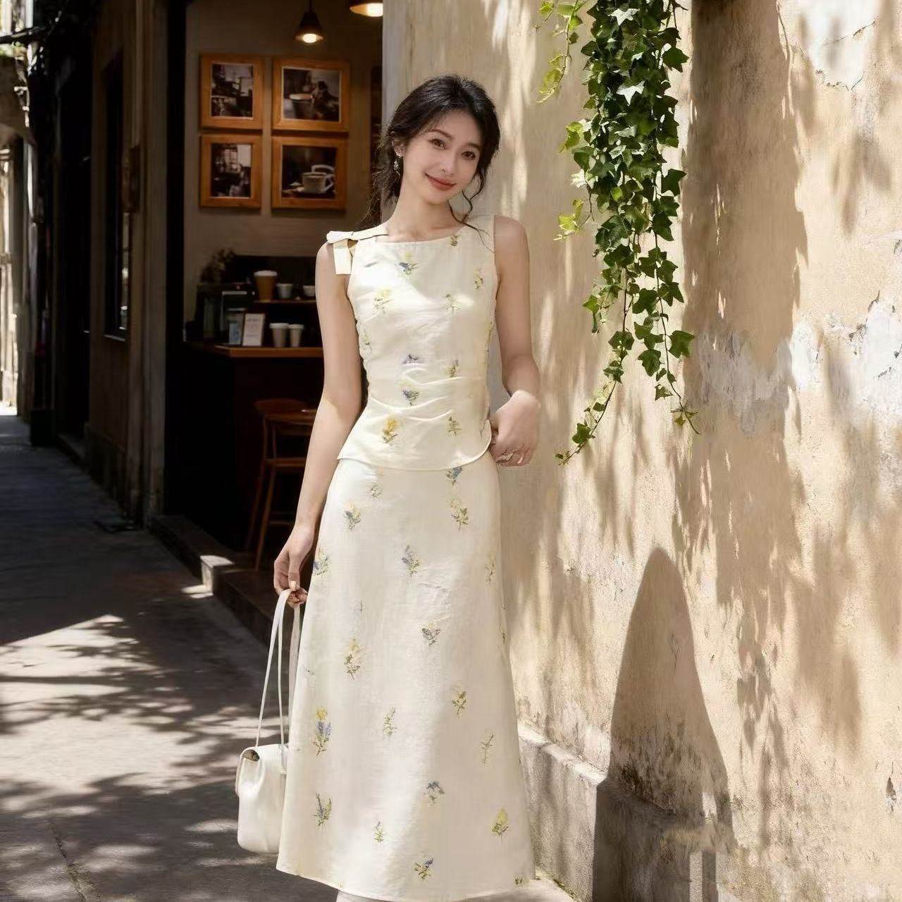 韩系碎花无袖衬衫字高腰半身裙套装女2026夏季新款温柔风两件套