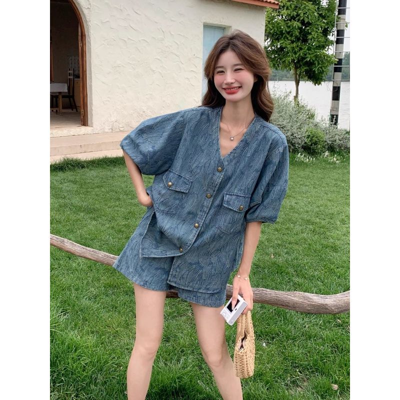 提花牛仔套装夏季女潮2025新款小个子薄款高端洋气减龄短裤两件套