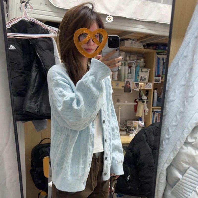 韩系温柔蓝色毛衣开衫女春季新款宽松慵懒风麻花针织外套上衣