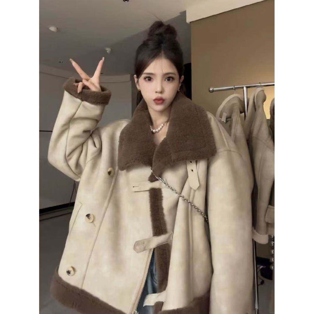 皮毛一体短外套女2026新款女秋冬独特超好看小个子韩系冬天机车服