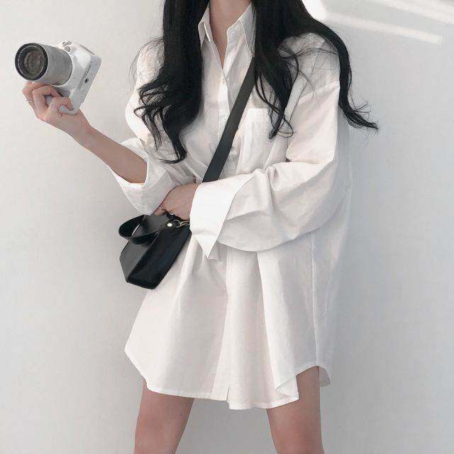 白色衬衫女春秋季韩版慵懒风设计感小众宽松大码长袖衬衣