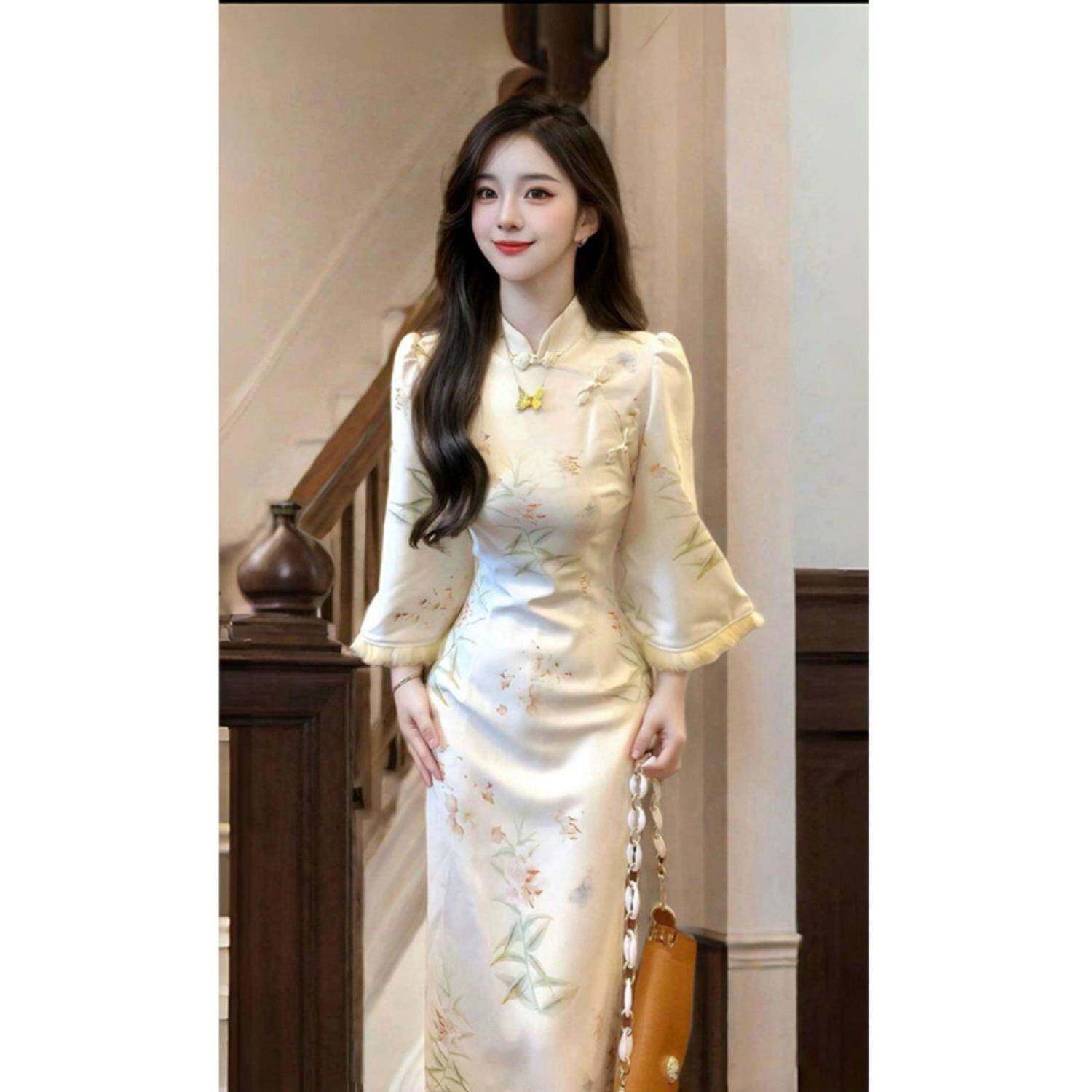 新中式气质白色旗袍连衣裙女装2026秋冬新款高级加厚国风收腰裙子
