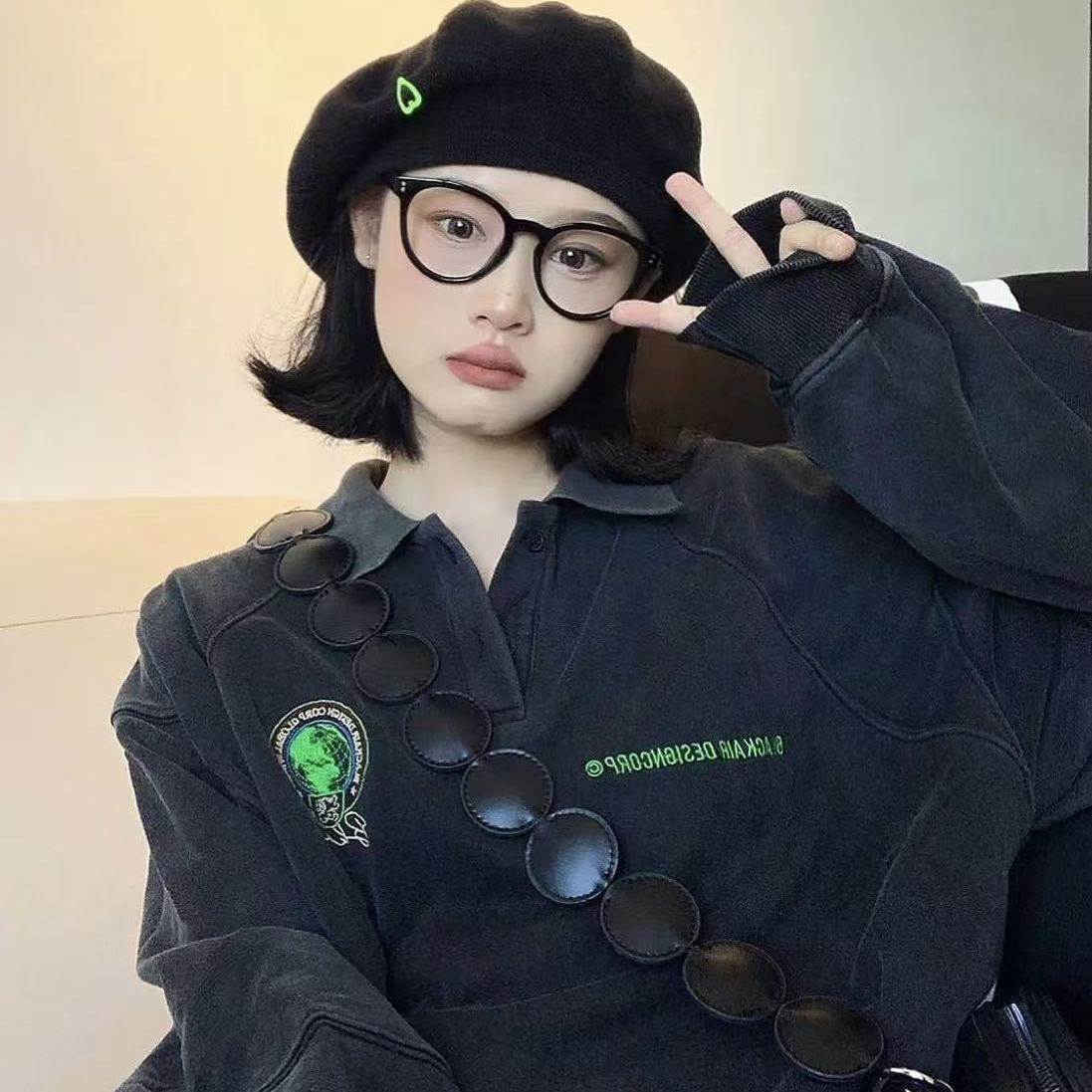 美式薄款复古水洗做旧翻领卫衣女春季套头慵懒风情侣上衣外套
