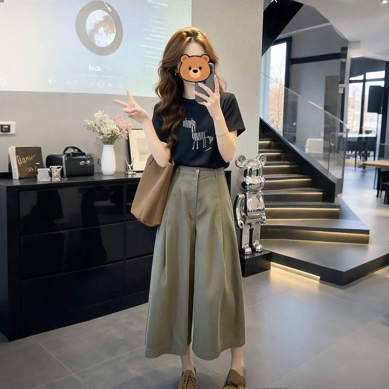 夏季新款休闲套装女印花短袖恤高腰显瘦百搭阔腿八分裤子两件套