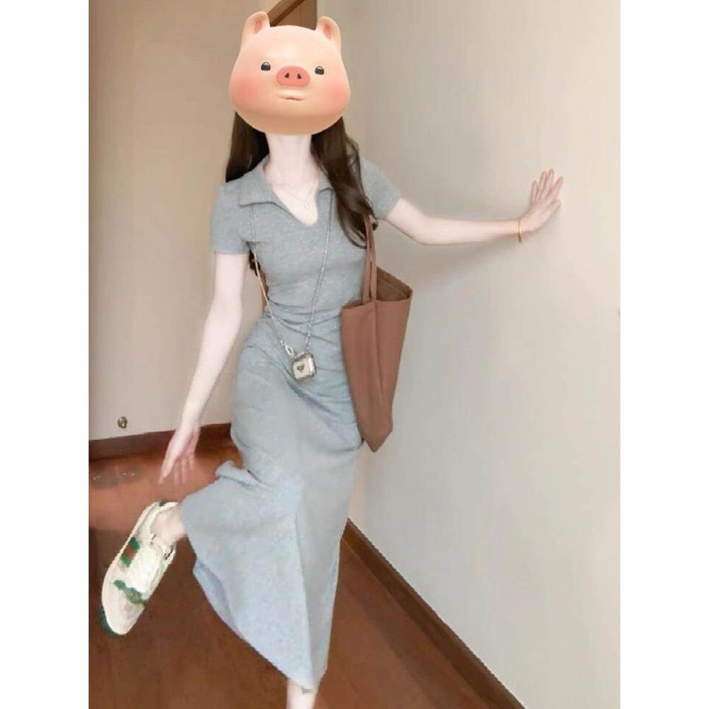 灰色法式领连衣裙女2026夏季新款设计感小众气质收腰显瘦长裙