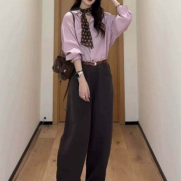 简约刺绣粉色衬衫女长袖高级感宽松休闲衬衣外套送丝巾一套
