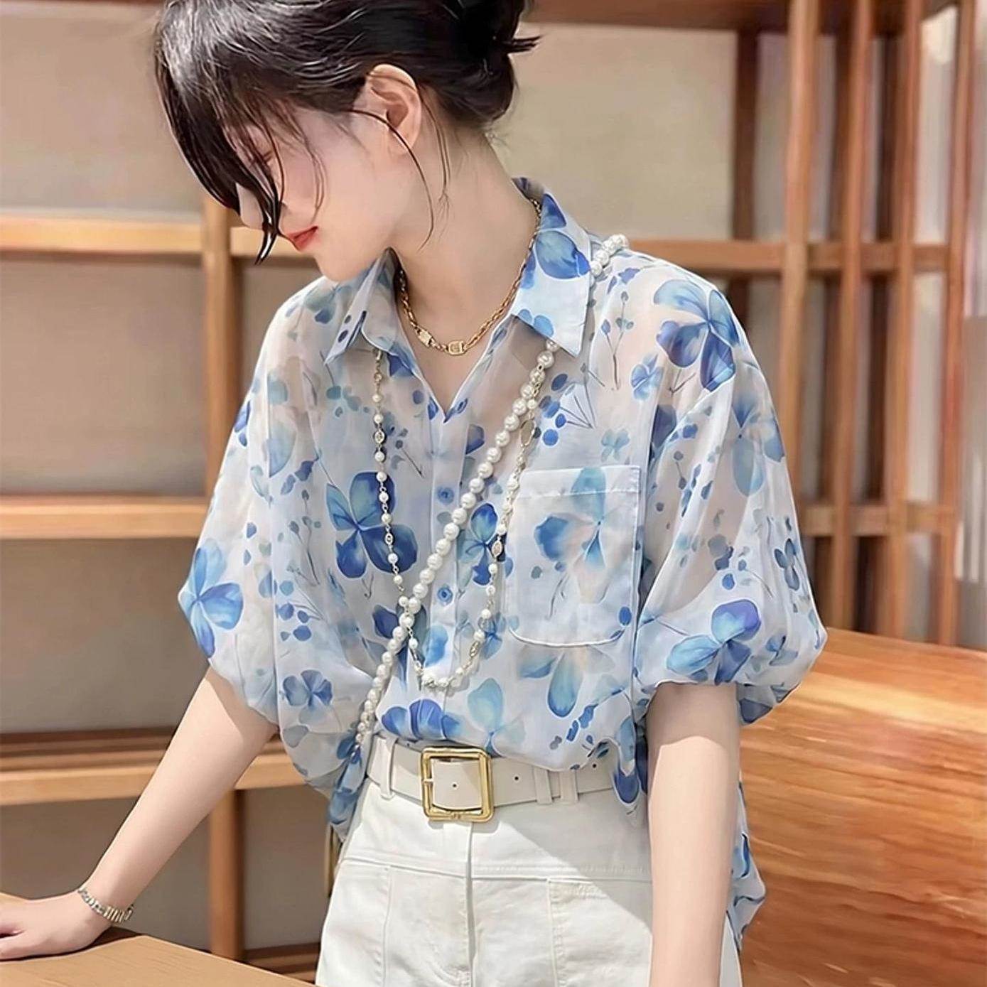 碎花短袖雪纺衫防晒衬衫女夏季新款轻薄款洋气漂亮高级感小衫上衣