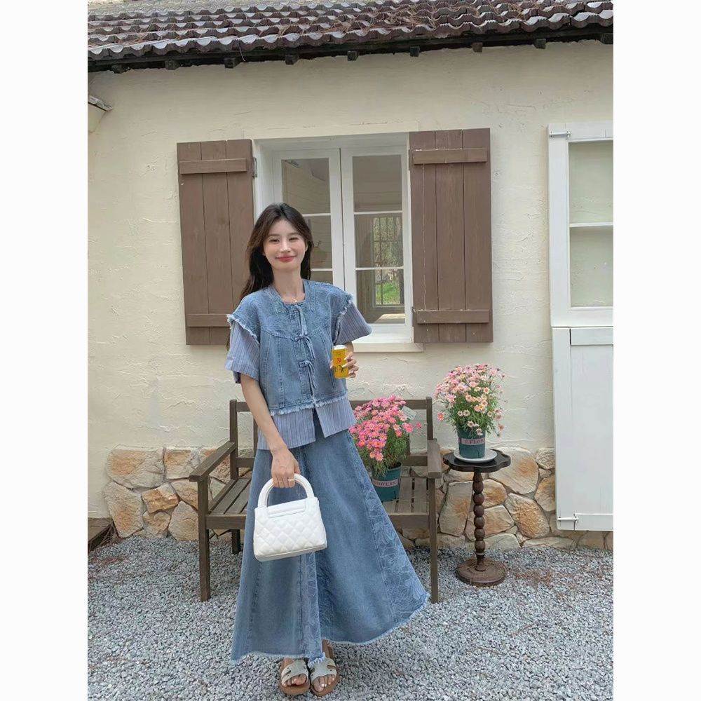 假两件拼接新中式牛仔套装裙女夏季盘扣短袖马甲上衣半身长裙子