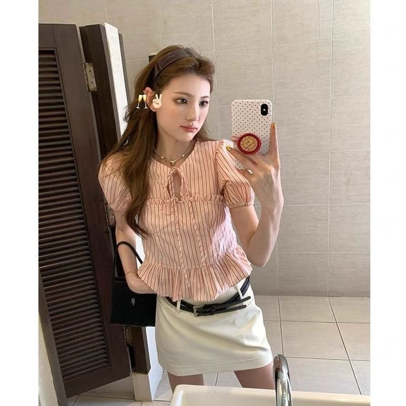 aaaaxbbb 冷雨玫瑰 棉泡泡袖上衣条纹白色系带蝴蝶结短款t恤女