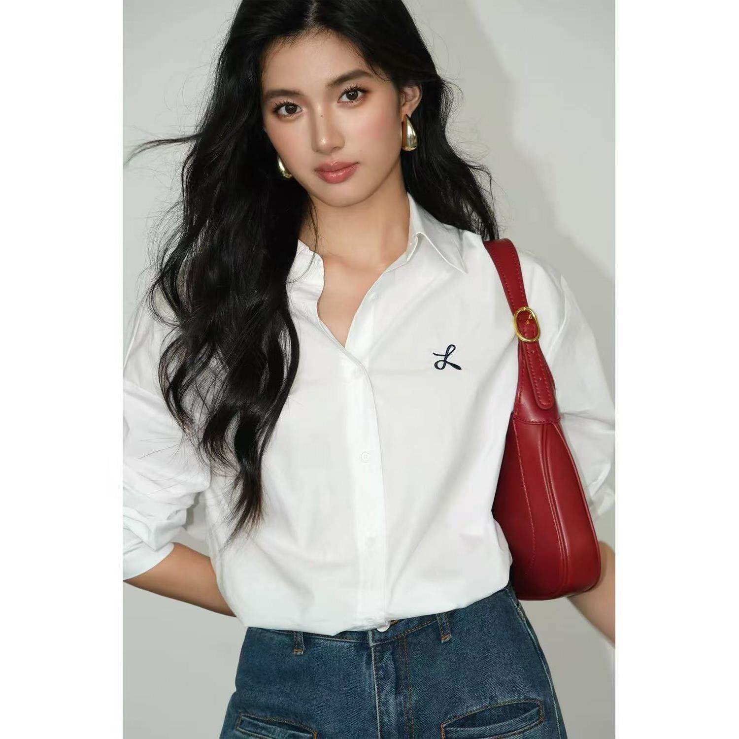 宽松休闲白色长袖衬衫女刺绣设计感小众韩版通勤百搭衬衣春春季
