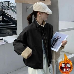 立领双拉链羊羔毛内里派克服棉服女2025秋冬装新款小个子宽松外套