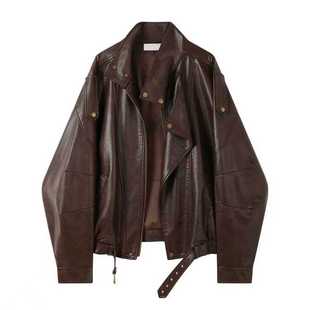 美式老钱风复古棕色立领皮衣外套女秋季短款宽松百搭飞行机车夹克