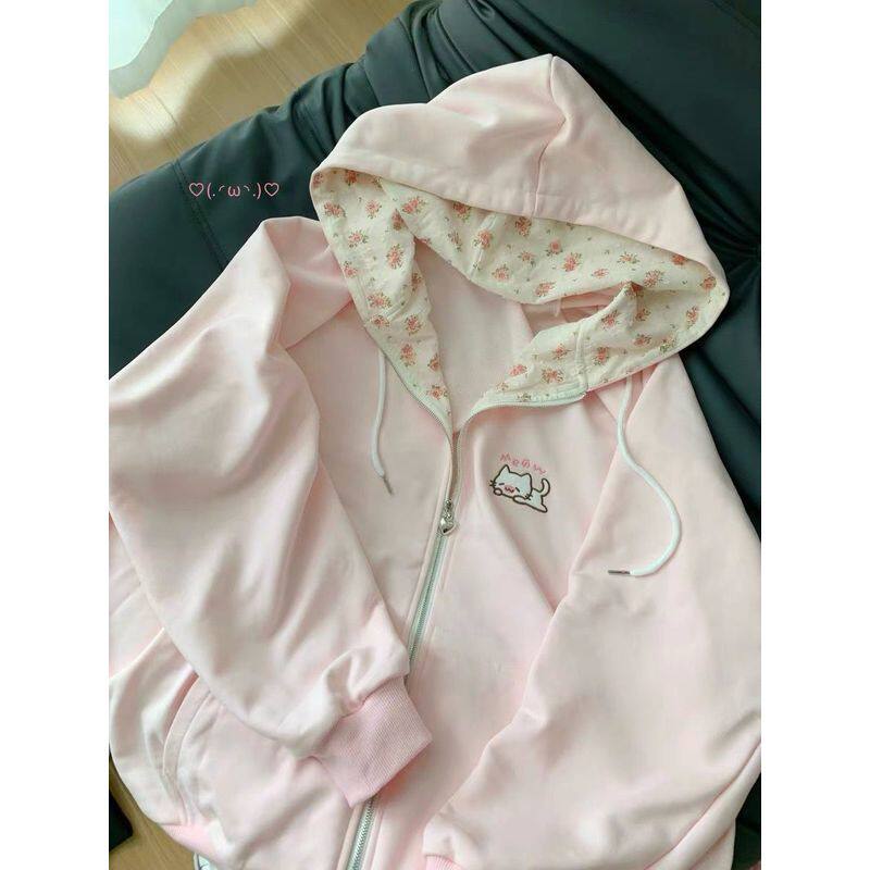 薄款小猫咪碎花长袖拉链卫衣连帽外套女秋冬日系可爱开衫宽松上衣