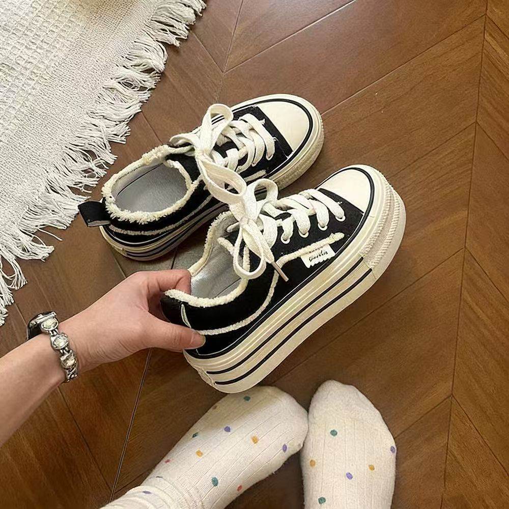厚底毛边帆布鞋女2026年春季新款韩版百搭增高软底不累脚低帮板鞋