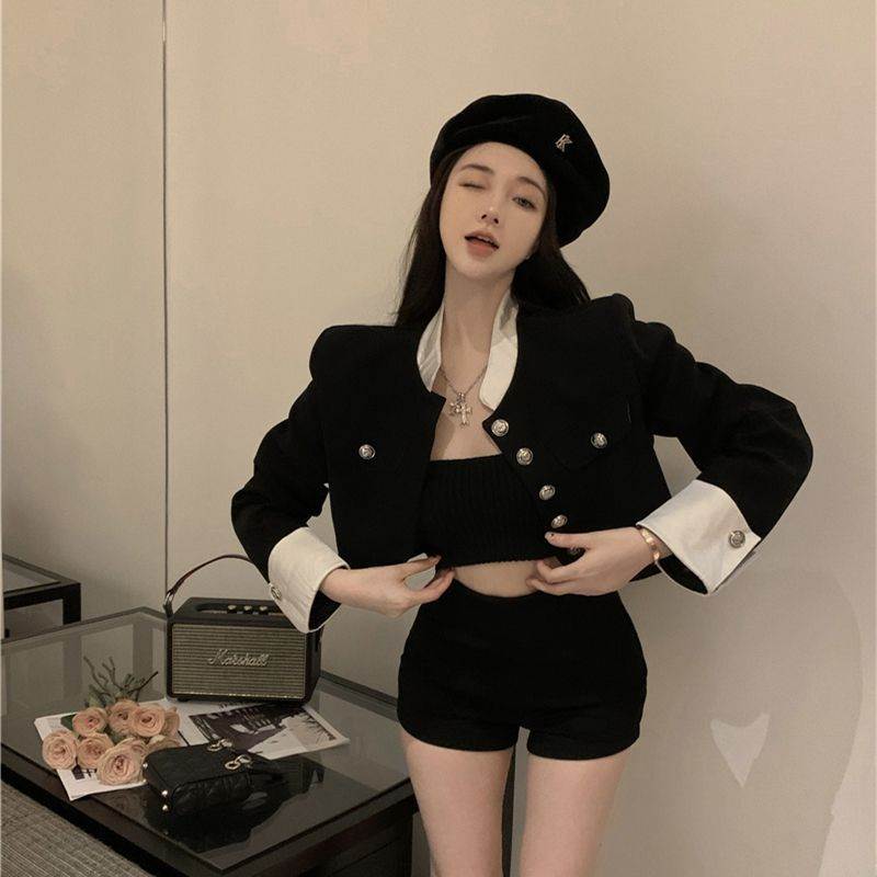 纯欲黑色小香风长袖西装外套女春秋小个子设计感小众修身短款上衣
