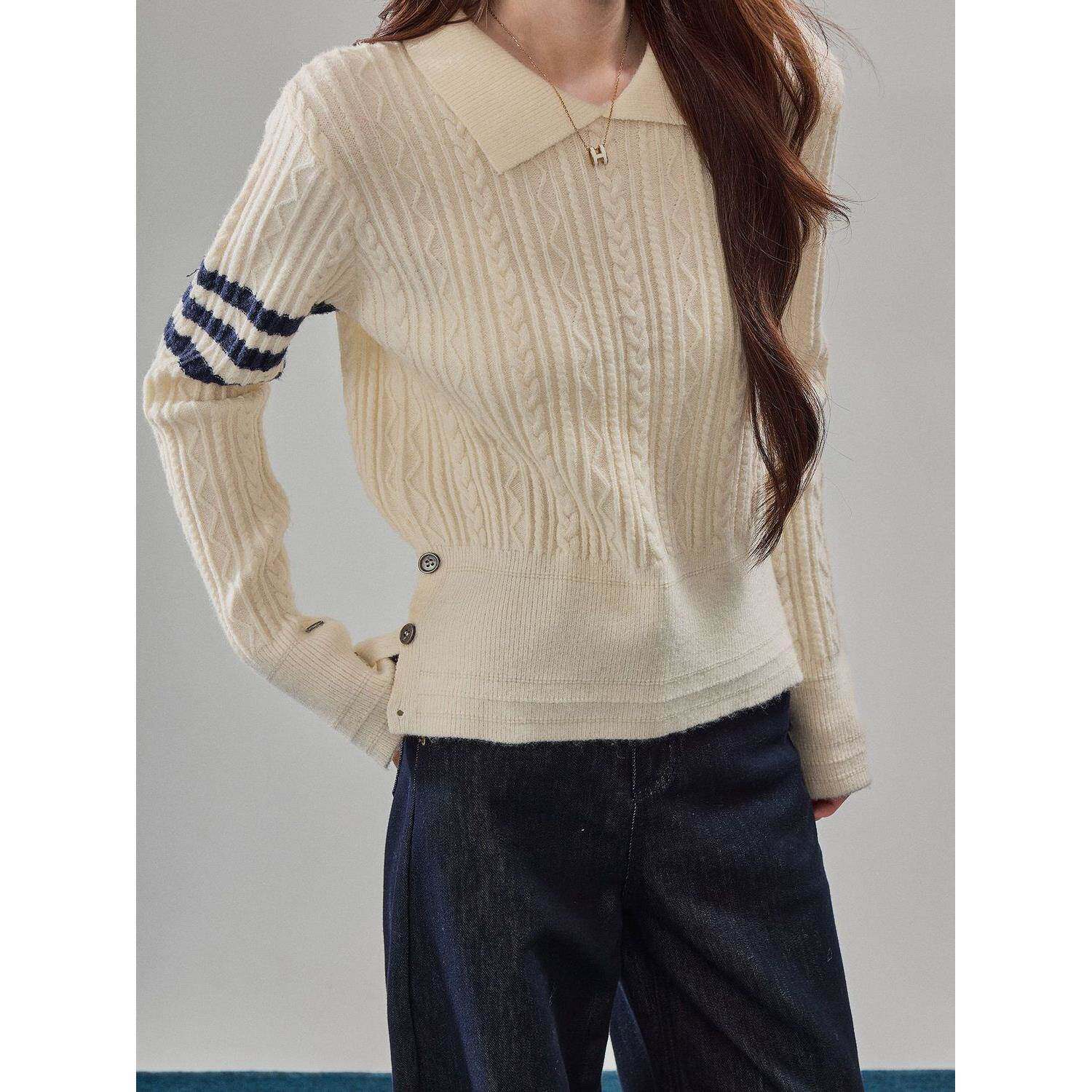 韩系高级感翻领修身长袖针织衫女2026春季学院风套头麻花毛衣