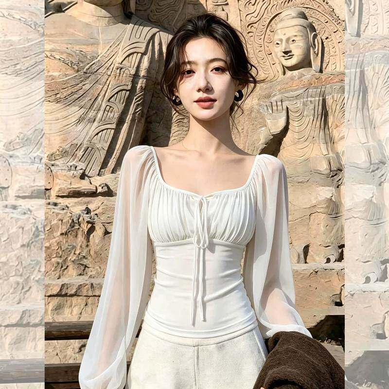 小众设计感方领白色灯笼袖雪纺衫女秋季新款微透网纱长袖别致上衣