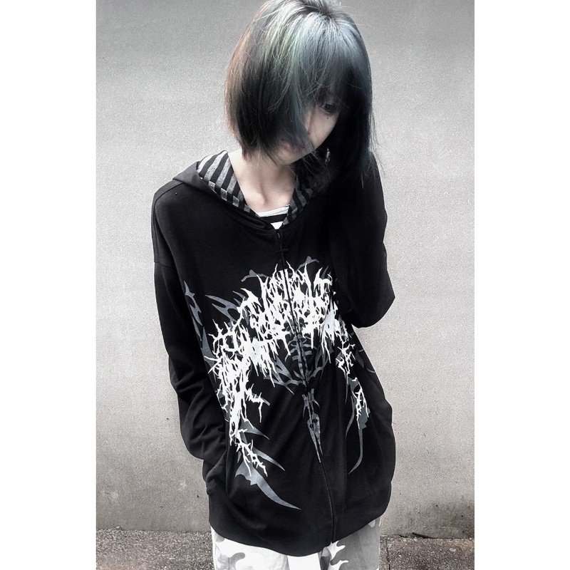 亚文化y2k街头连帽卫衣女薄款秋冬季宽松拉链无性别薄外套上衣ins