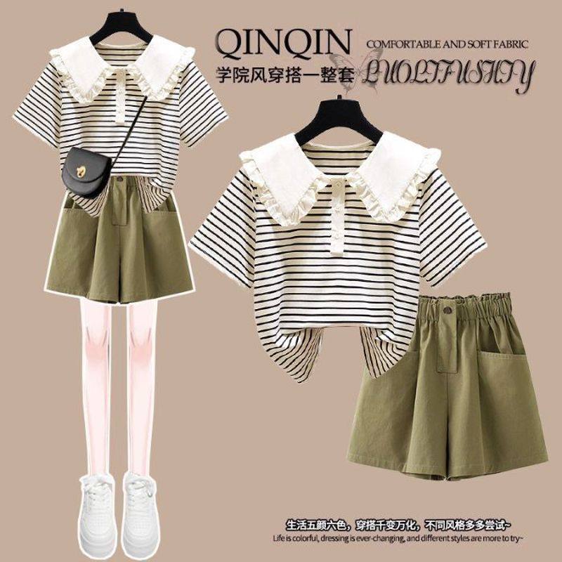 休闲学生运动条纹娃娃领套装女学院盐系小个子五分短裤时尚一整套