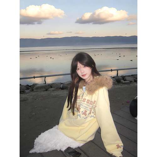 美式复古费尔岛小熊毛领连帽卫衣女春夏加绒慵懒风宽松开衫外套