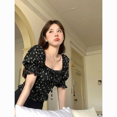 大码法式复古胖mm方领印花泡泡袖衬衫女夏季超仙甜美小衫轻熟上衣