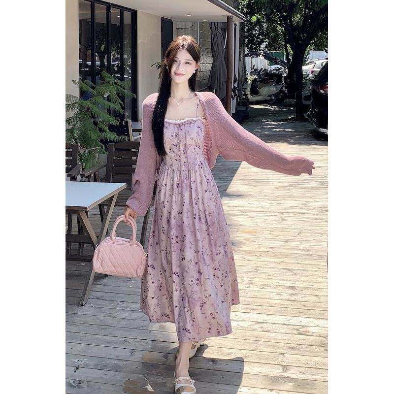 碎花吊带套装裙女2026春夏新款法式针织开衫外长款连衣裙裙两件套