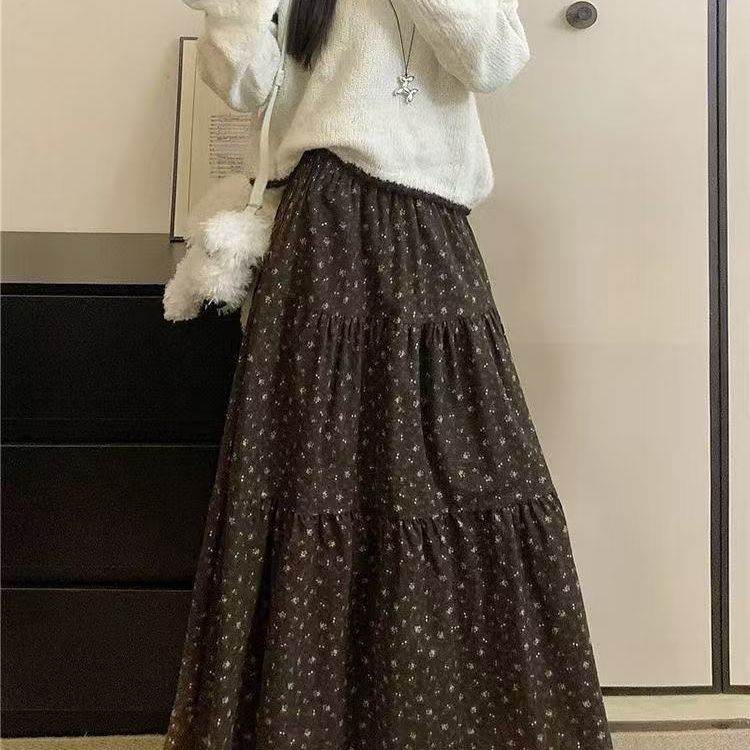 文艺复古森系温柔碎花半身裙休闲春夏新款棉磨毛高腰中长裙子