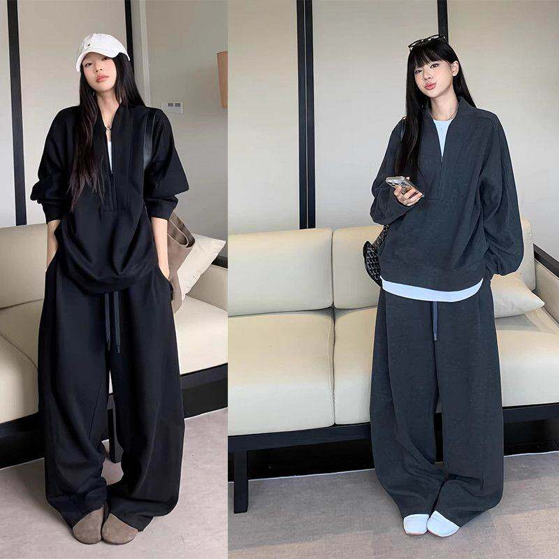 韩系高级感休闲运动服套装女春夏宽松显瘦半拉链卫衣阔腿裤两件套