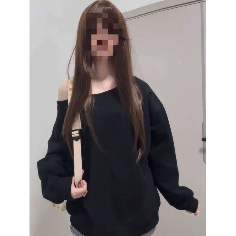 100%纯棉慵懒风韩版简约斜肩卫衣女春秋季显瘦宽松百搭上衣男ins