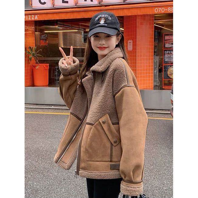 麂皮绒皮毛一体外套女冬季新款加厚短款羊羔拼接外套机车夹克棉服