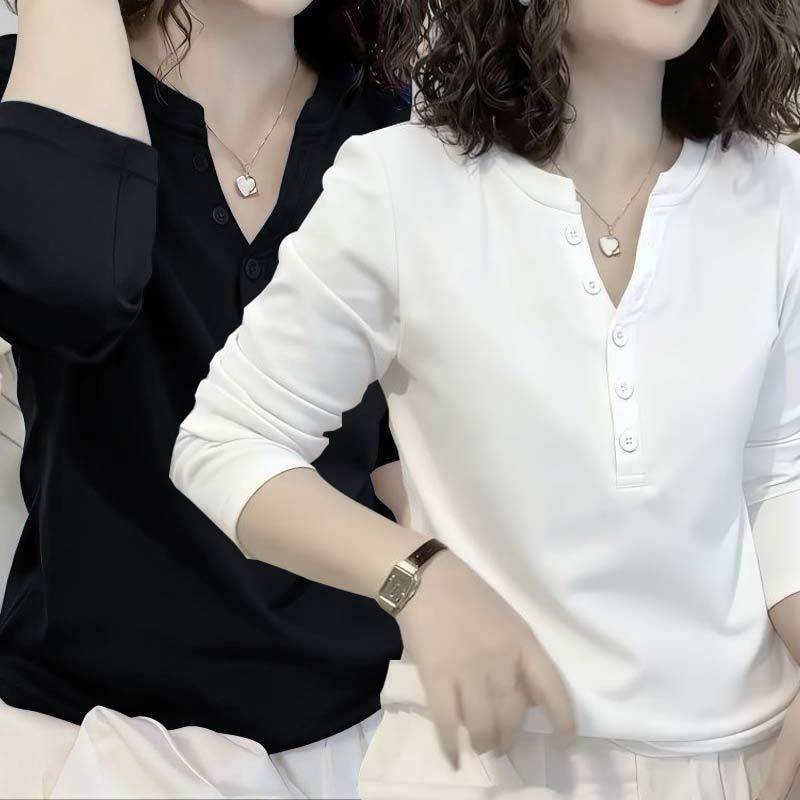 纯色秋冬棉质长袖恤女圆领设计感纽扣百搭显瘦时尚打底保暖上衣