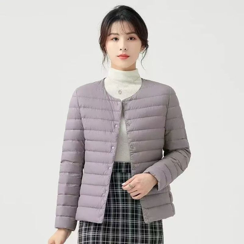 2025新款女士轻薄羽绒服女秋冬鸭绒无领轻便圆领大码保暖短款外套