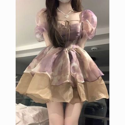 大码胖mm法式泡泡袖连衣裙夏季高级感气质仙女蓬蓬裙收腰显瘦短裙