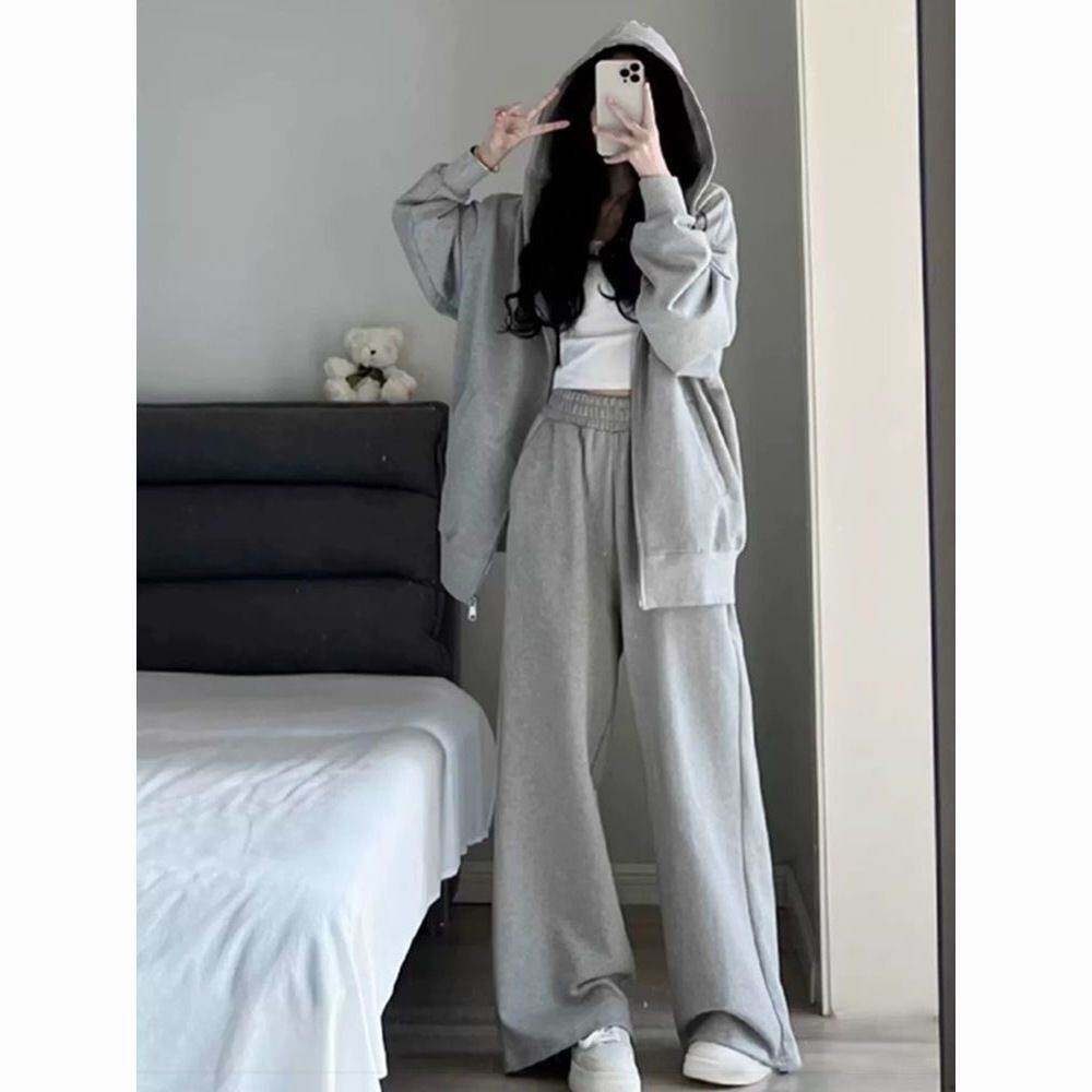 大潮巷里休闲运动服卫衣学生慵懒宽松新款套装灰色连帽开衫两件套