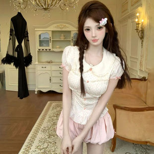 甜美千金公主纯欲风上衣收腰显瘦短裤 花苞裤 新款 套装