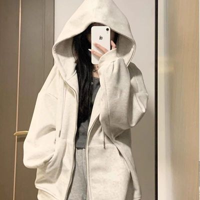 棉美式复古高街连帽卫衣女秋oversize休闲慵懒风拉链开衫外套潮