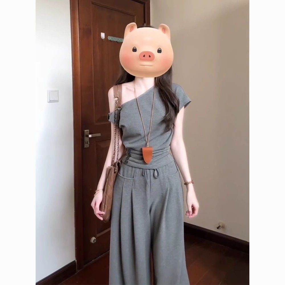 运动套装女夏季学生韩版宽松显瘦时尚洋气露肩短袖长裤休闲两件套