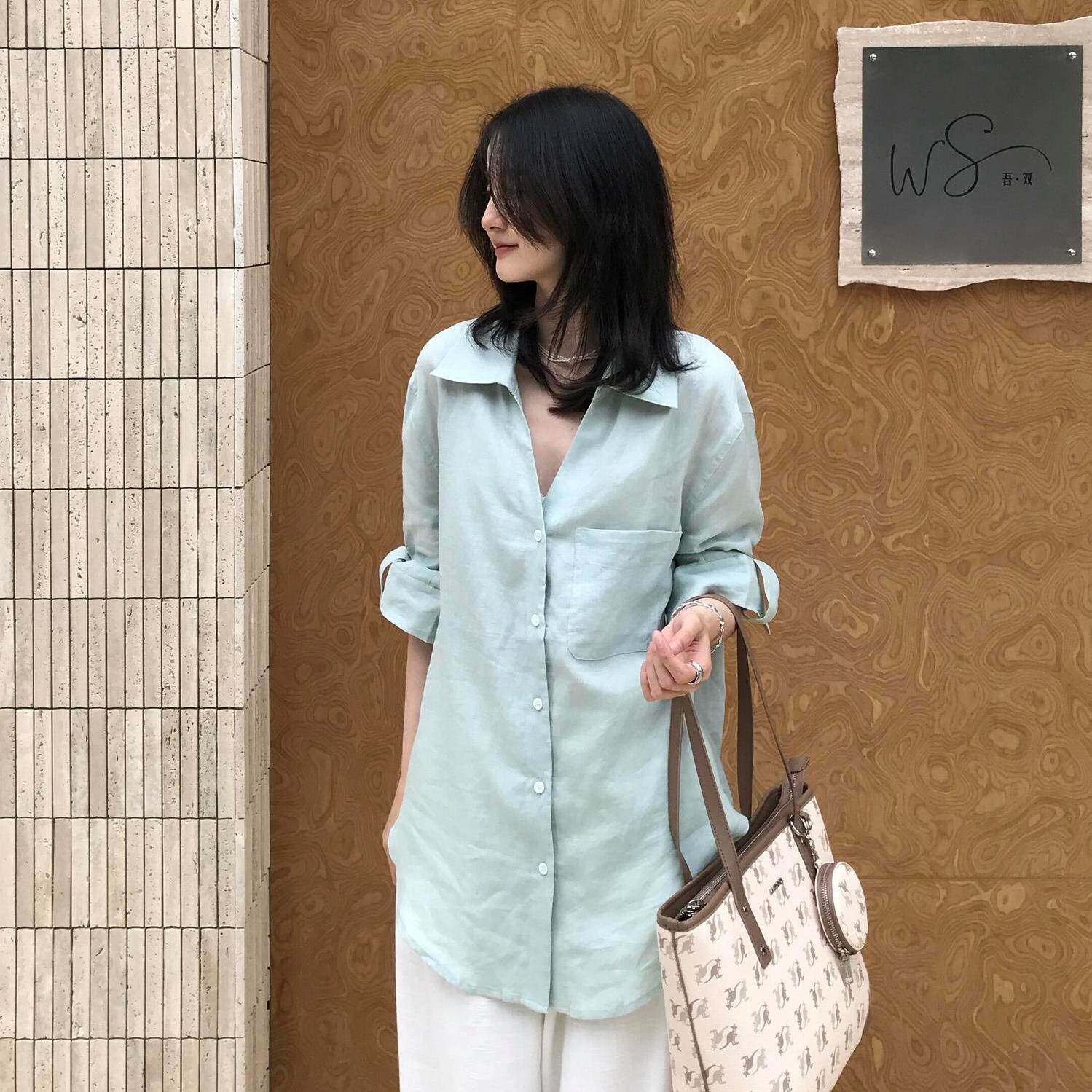 秋季新款小清新棉麻衬衫薄荷绿清新领显瘦宽松衬衫女