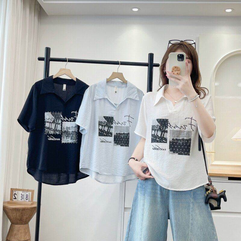 大码胖韩版时尚印花正肩显瘦翻领小衫女夏季新款百搭休闲衬衫衣
