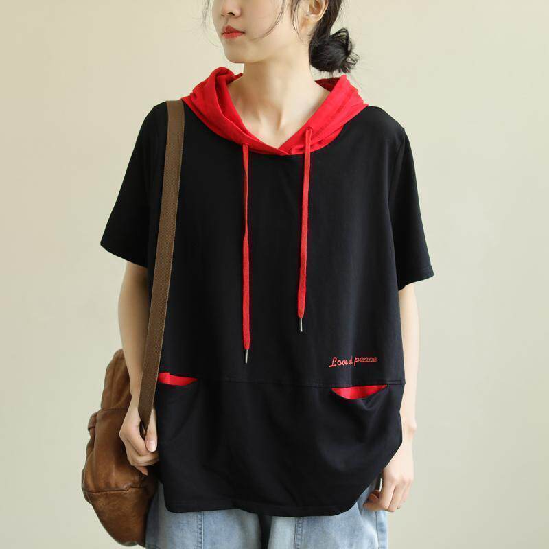 100%纯棉夏新款女t恤短袖肥胖mm洋气遮肉带帽卫衣大码显瘦上衣服